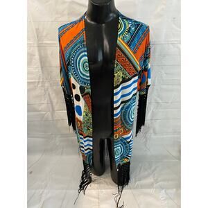 Dor Dor Couture Duster Women’s Medium Artsy Boho Tassels Bold Color Open Front